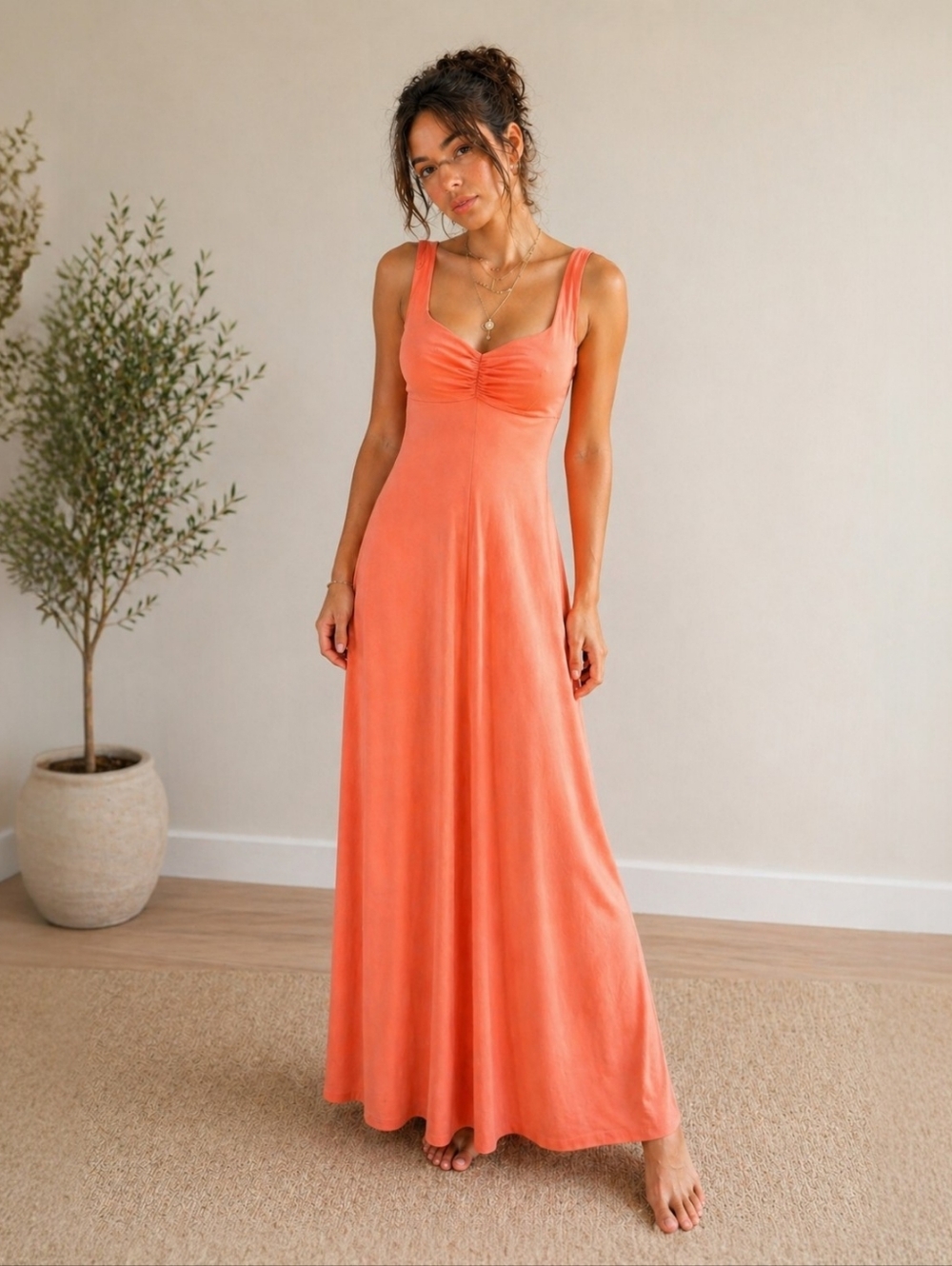 Vintage 70s Coral Maxi Dress Evening Ruched Stretch Party Retro Size 9